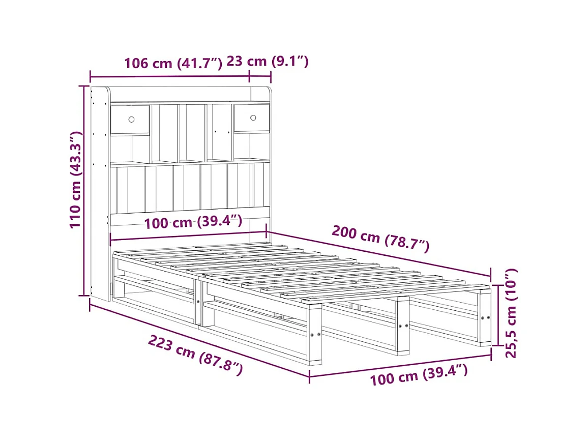 Lit bibliothèque sans matelas cire marron 100x200 cm pin massif