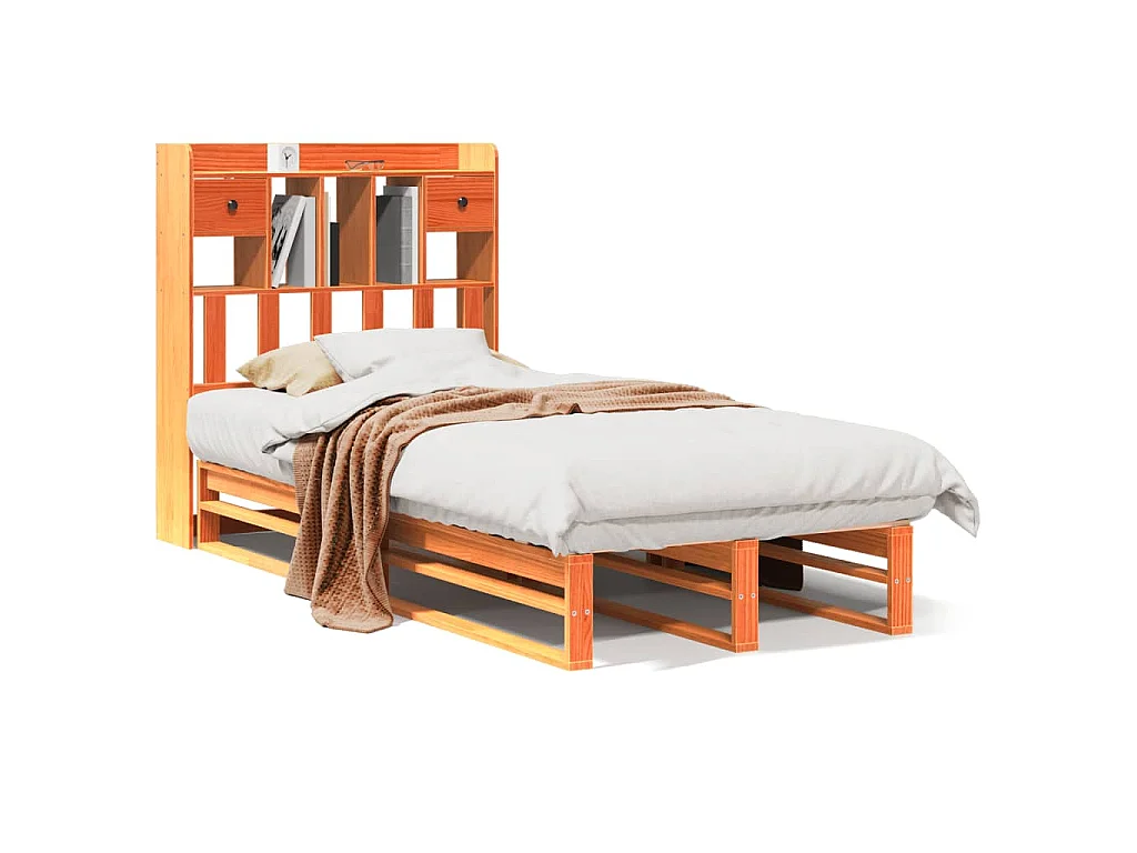 Lit bibliothèque sans matelas cire marron 100x200 cm pin massif