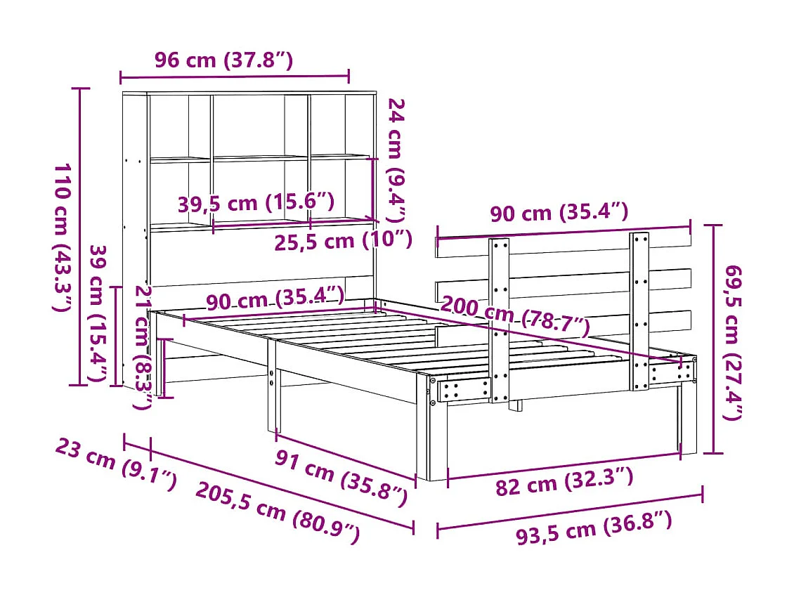 Cama com estante sem colchão 90x200 cm pinho maciço branco