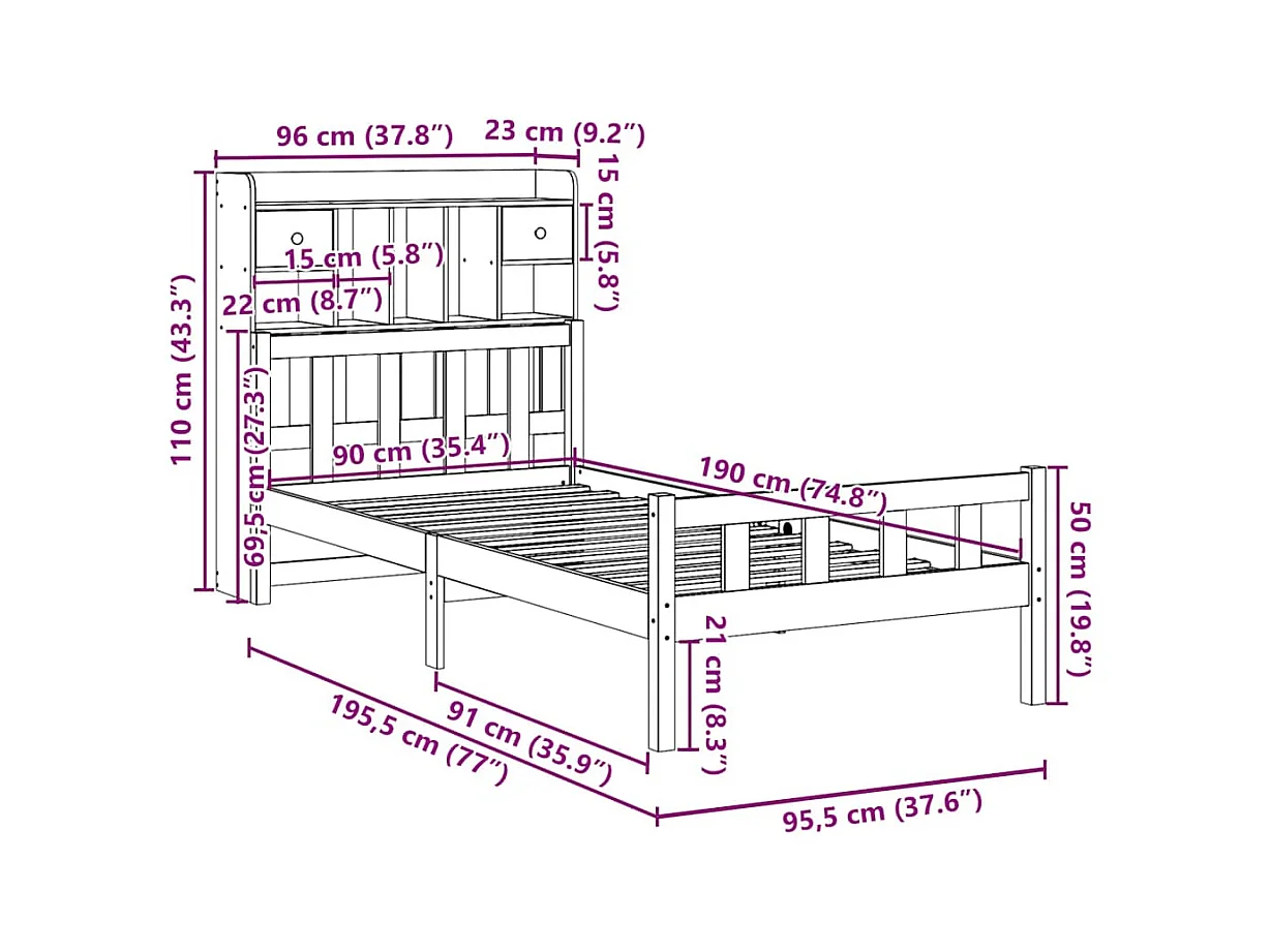 Lit bibliothèque sans matelas 90x190 cm bois de pin massif