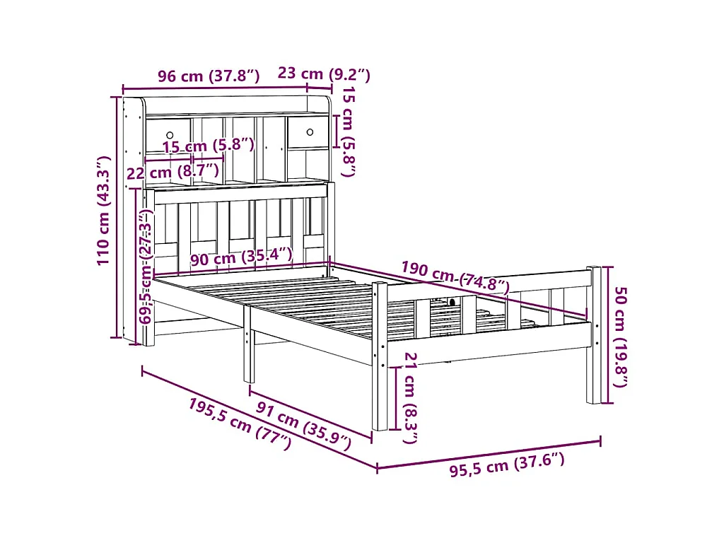 Letto Libreria senza Materasso 90x190 cm Legno Massello Pino