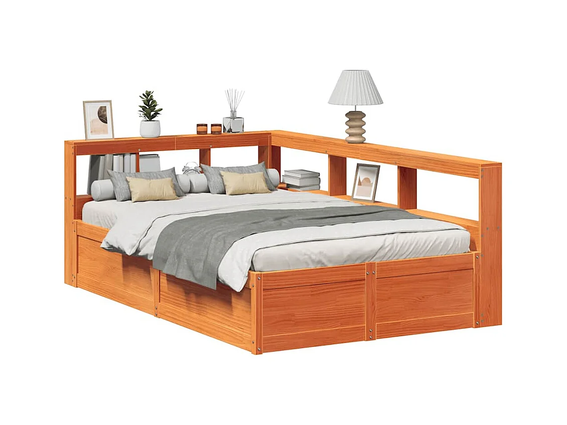 Massivholzbett mit Regal ohne Matratze Wachsbraun 135x190 cm