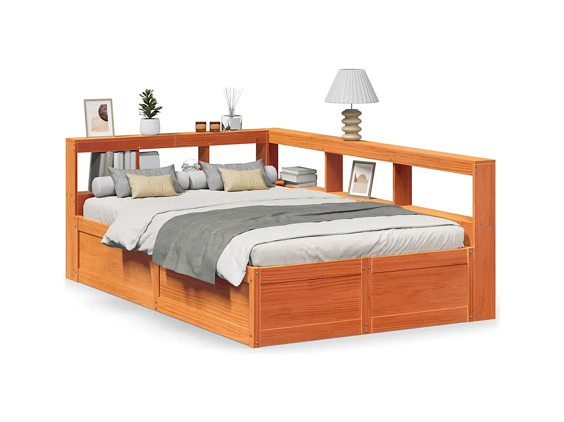 Massivholzbett mit Regal ohne Matratze Wachsbraun 135x190 cm