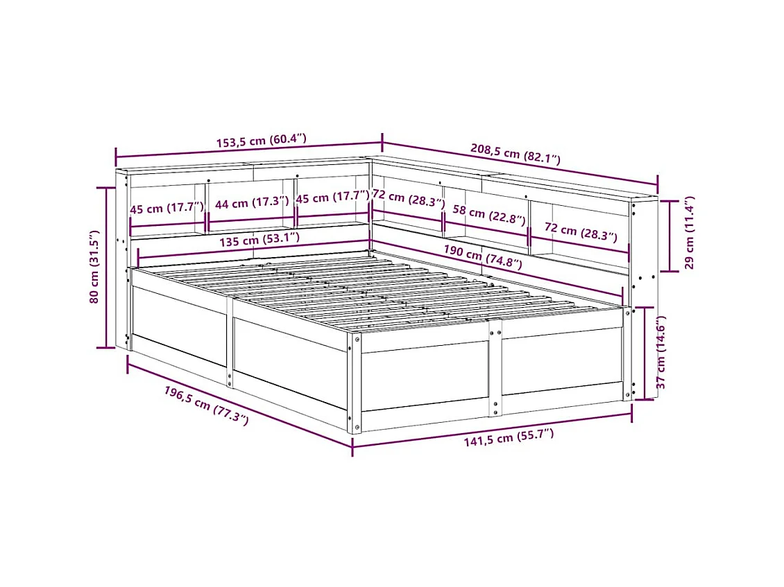 Massivholzbett mit Regal ohne Matratze Wachsbraun 135x190 cm