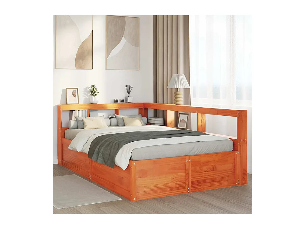 Massivholzbett mit Regal ohne Matratze Wachsbraun 135x190 cm