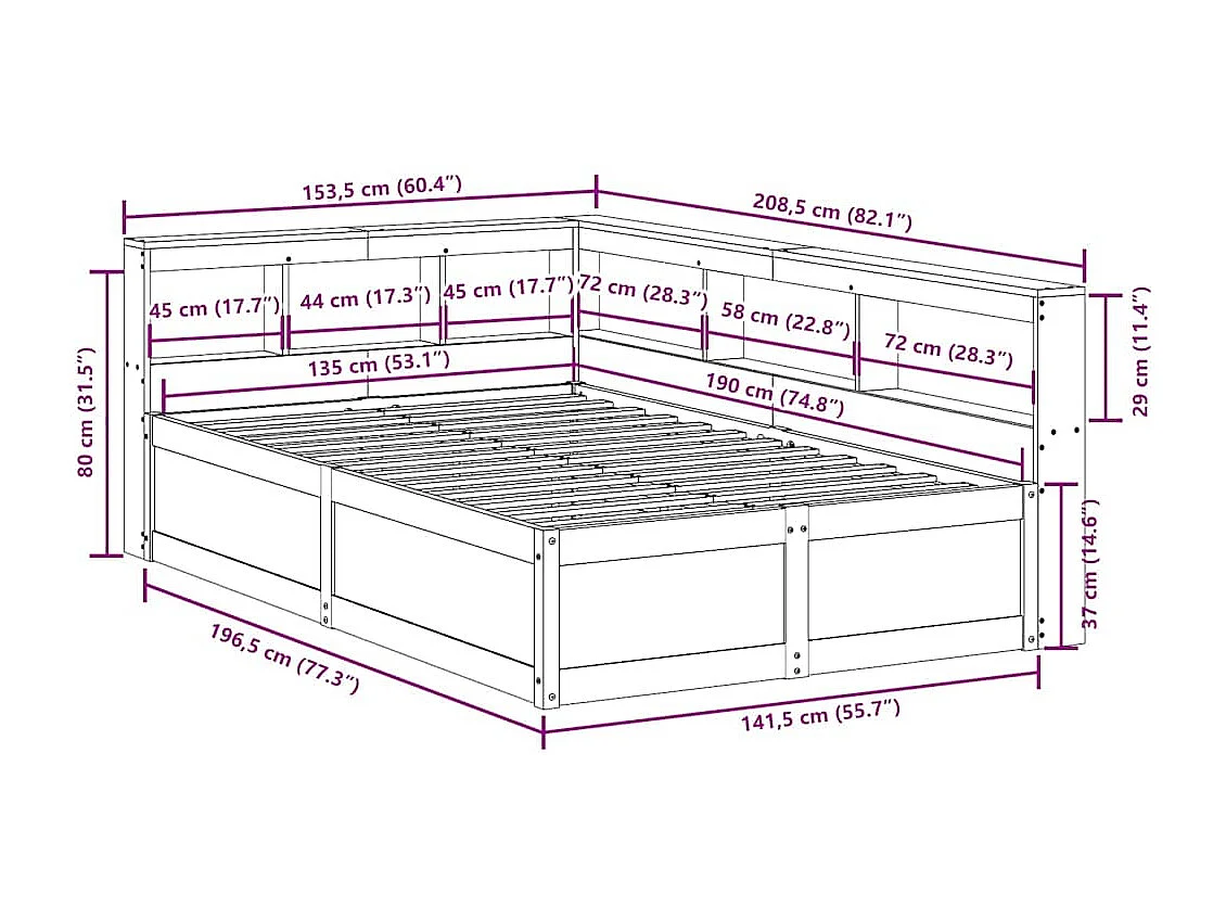 Lit bibliothèque sans matelas cire marron 135x190 cm pin massif