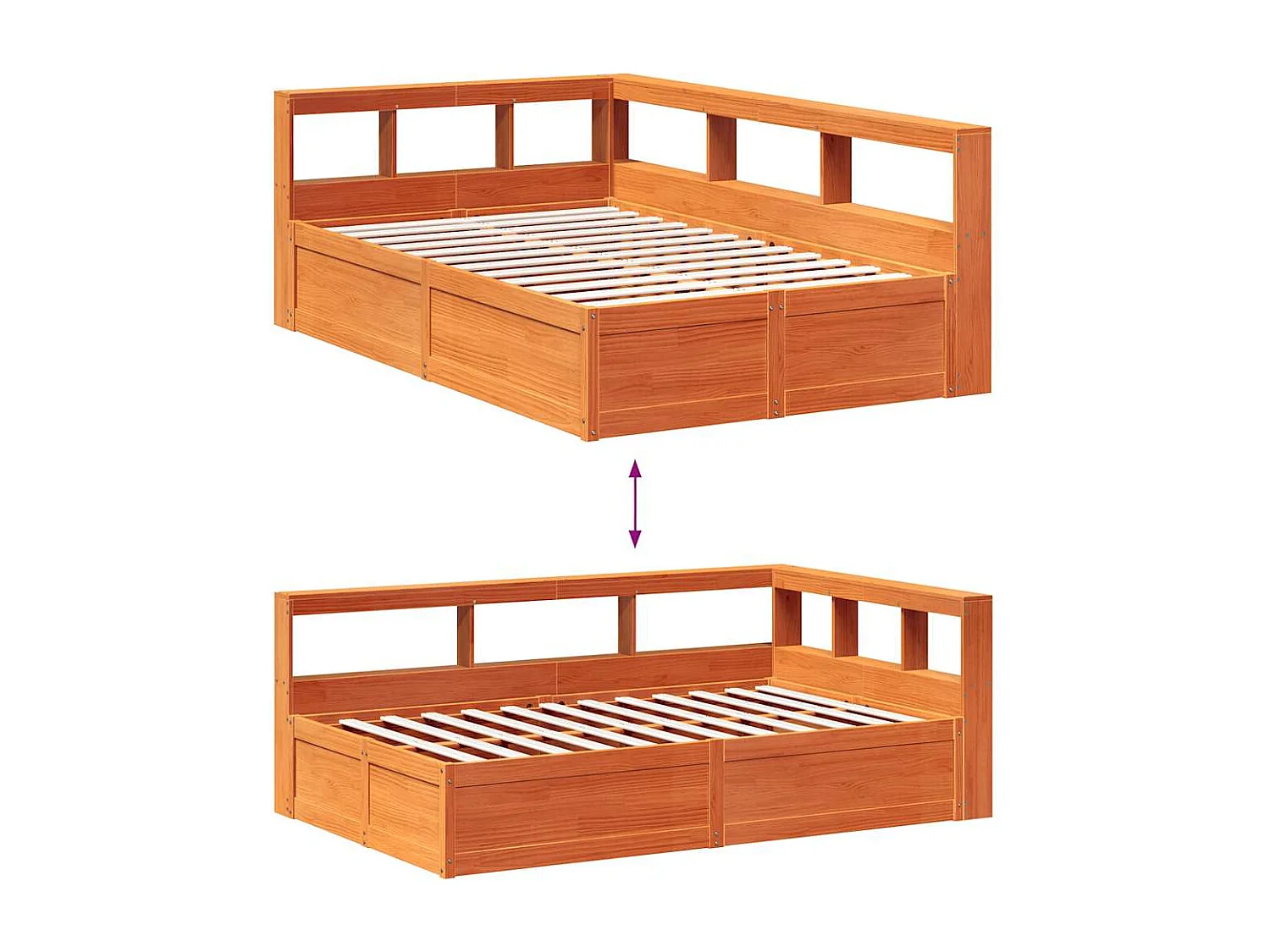 Lit bibliothèque sans matelas cire marron 135x190 cm pin massif