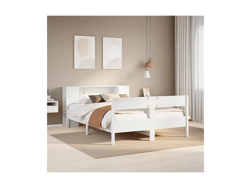 Massivholzbett mit Regal ohne Matratze Weiß 140x190 cm Kiefer