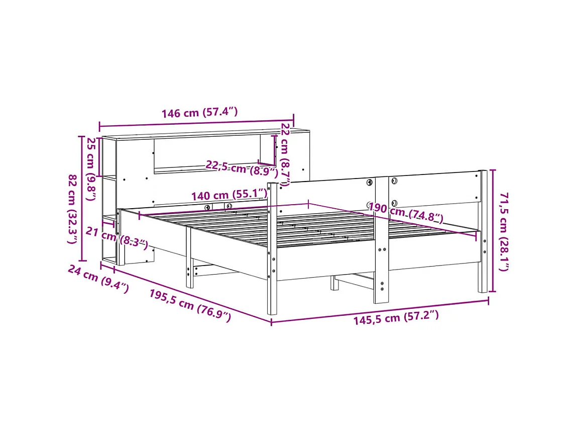 Lit bibliothèque sans matelas blanc 140x190 cm bois pin massif