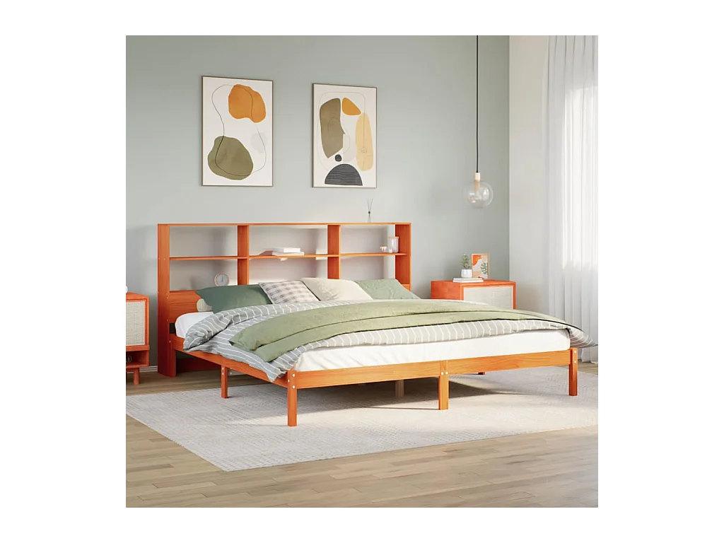 Lit bibliothèque sans matelas cire marron 200x200 cm pin massif