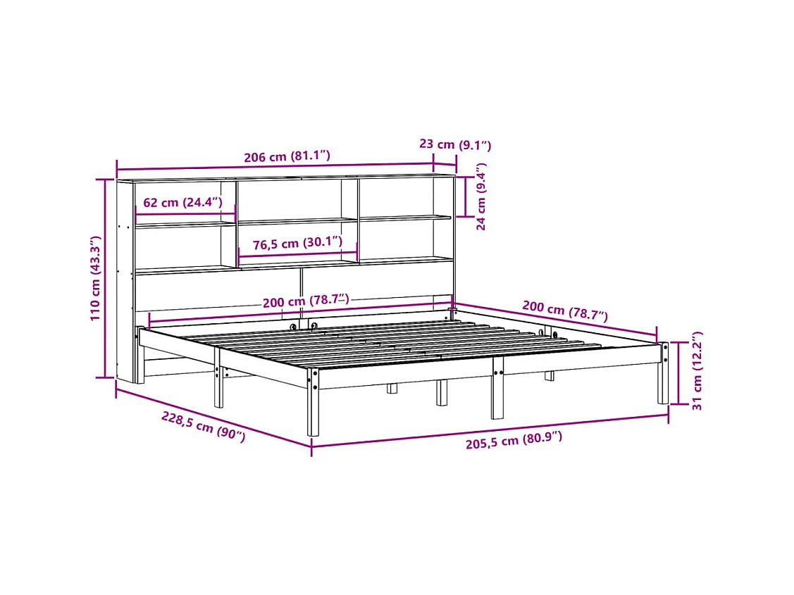 Lit bibliothèque sans matelas cire marron 200x200 cm pin massif