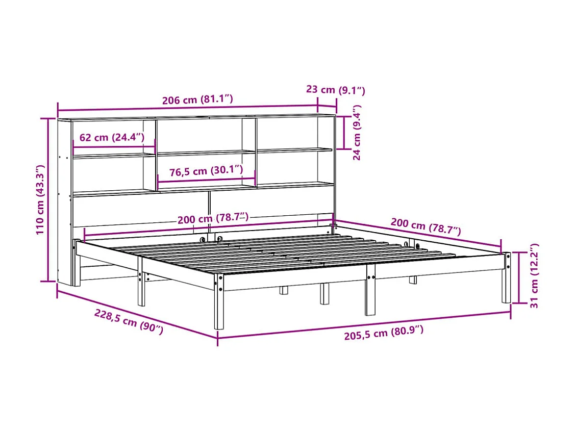 Letto Libreria senza Materasso Marrone Cera 200x200 cm in Pino