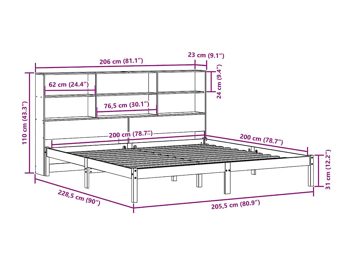 Letto Libreria senza Materasso Marrone Cera 200x200 cm in Pino