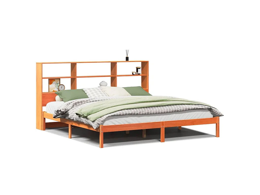 Lit bibliothèque sans matelas cire marron 200x200 cm pin massif