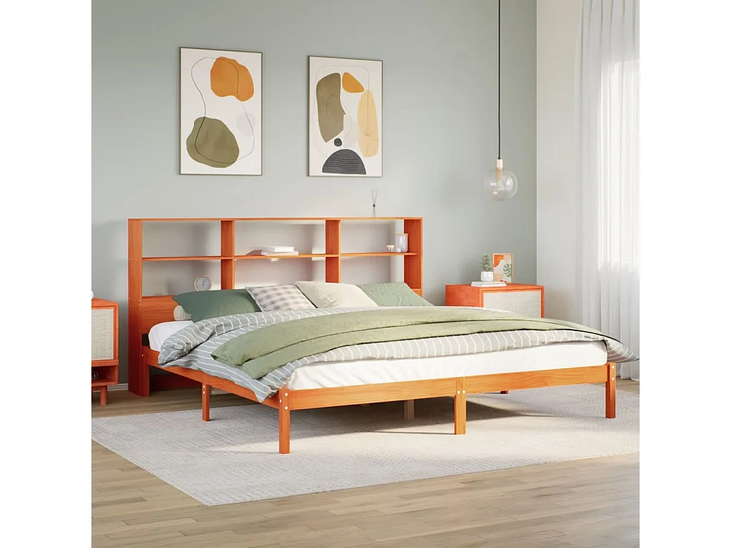 Lit bibliothèque sans matelas cire marron 200x200 cm pin massif