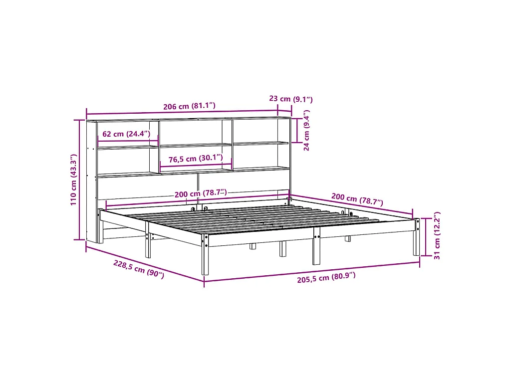 Lit bibliothèque sans matelas cire marron 200x200 cm pin massif