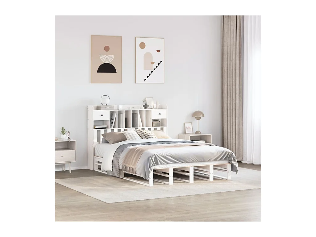 Lit bibliothèque sans matelas blanc 160x200 cm bois pin massif