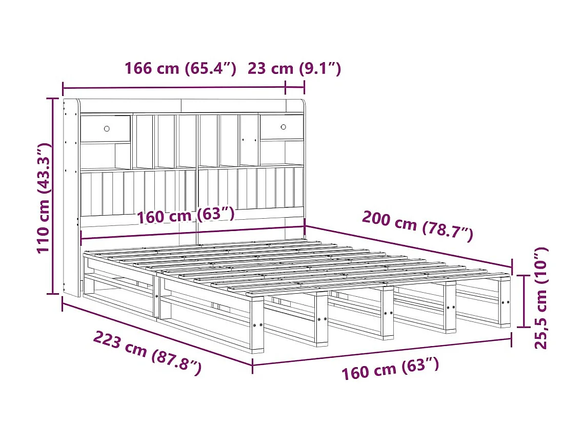 Lit bibliothèque sans matelas blanc 160x200 cm bois pin massif
