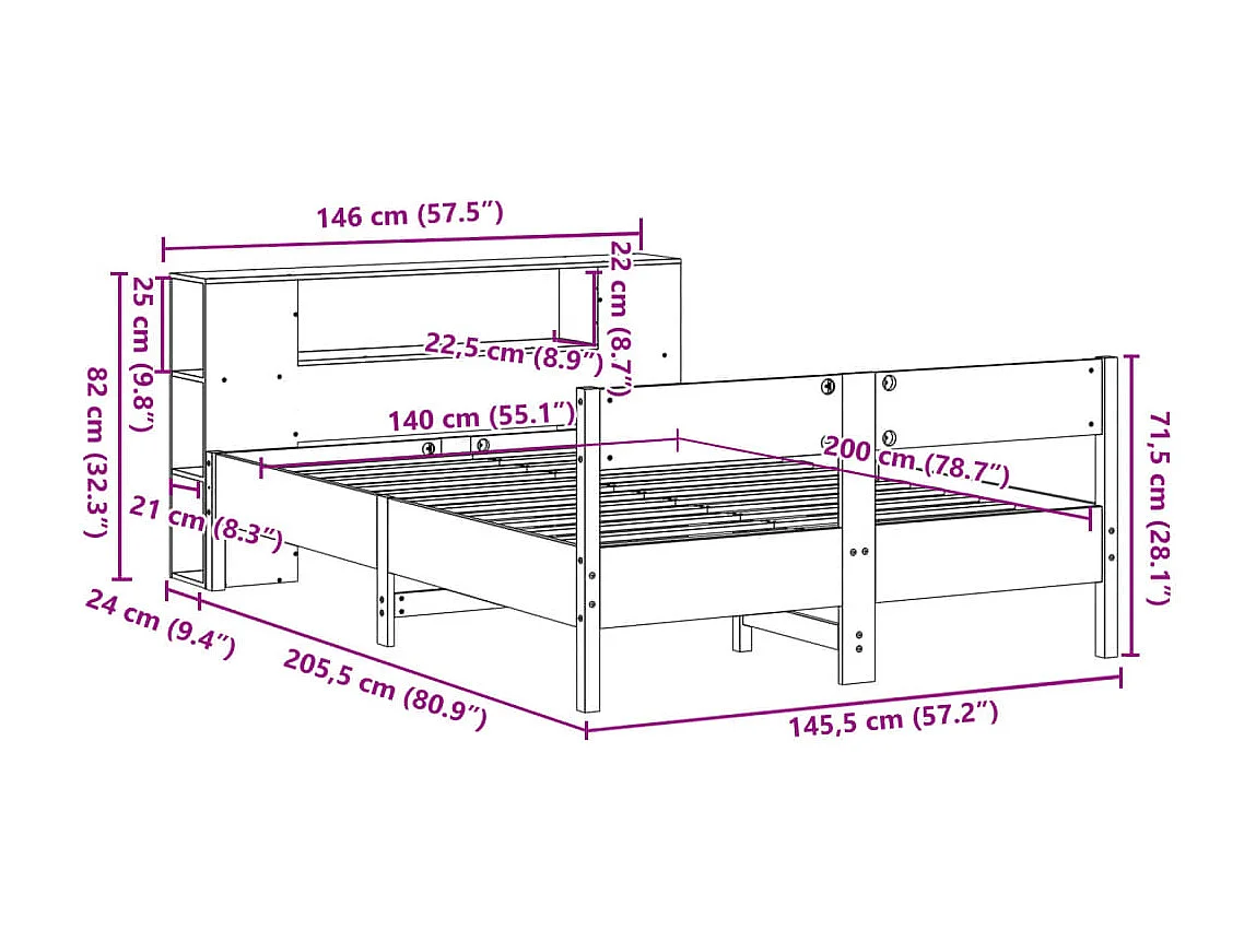 Bed met boekenkast zonder matras grenenhout wasbruin 140x200 cm