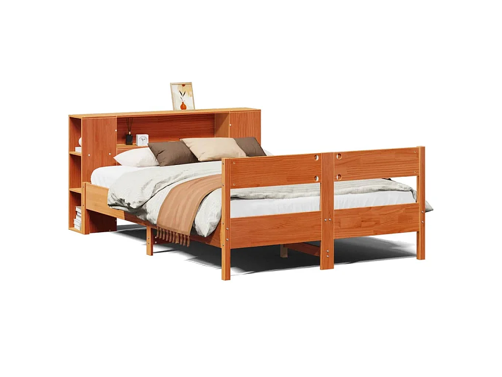 Lit bibliothèque sans matelas cire marron 140x200 cm pin massif