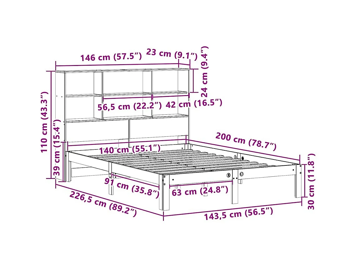 Lit bibliothèque sans matelas cire marron 140x200 cm pin massif