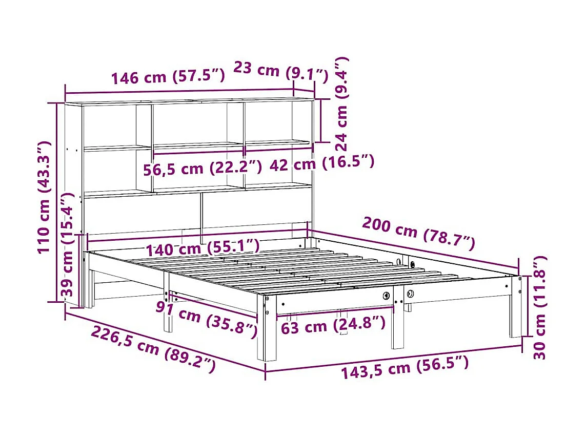 Bed met boekenkast zonder matras grenenhout wasbruin 140x200 cm