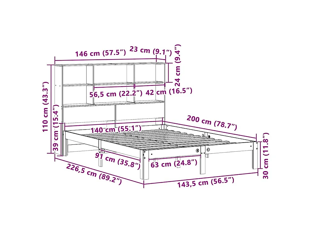 Letto Libreria senza Materasso Marrone Cera 140x200 cm in Pino