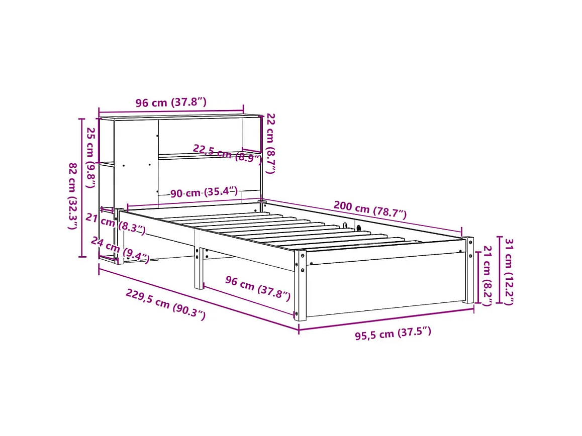 Lit bibliothèque sans matelas 90x200 cm bois de pin massif