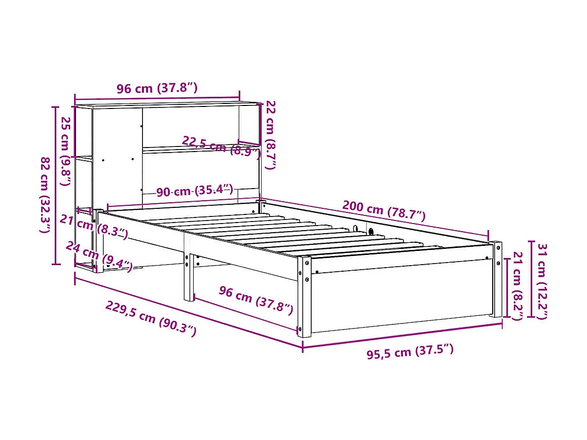 Bed met boekenkast zonder matras massief grenenhout 90x200 cm