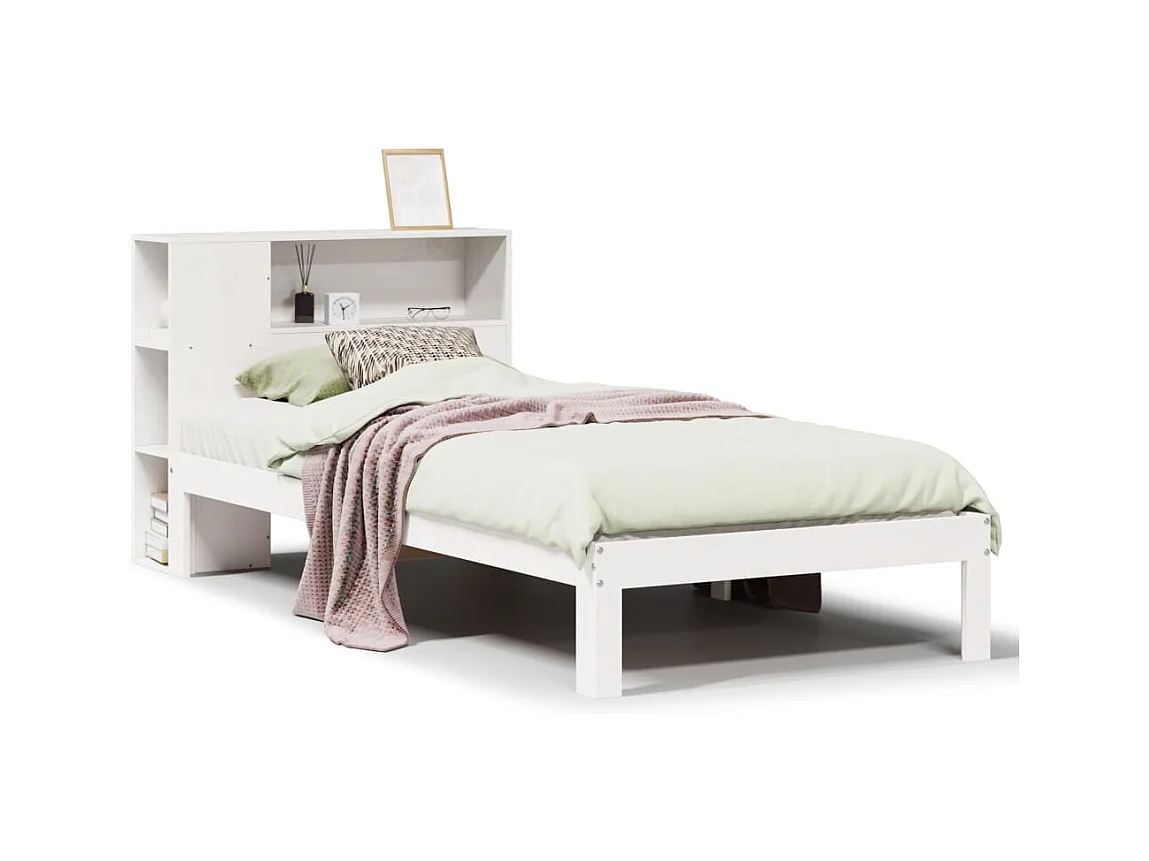 Lit bibliothèque sans matelas blanc 90x200cm bois de pin massif