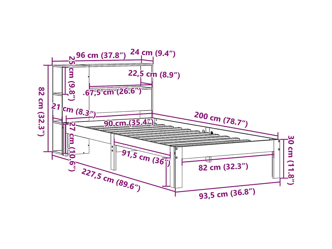 Lit bibliothèque sans matelas blanc 90x200cm bois de pin massif