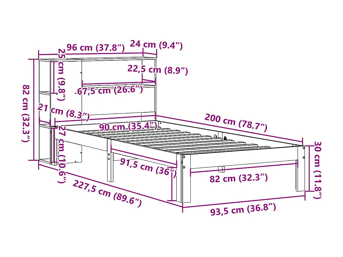Bed met boekenkast zonder matras grenenhout wit 90x200 cm