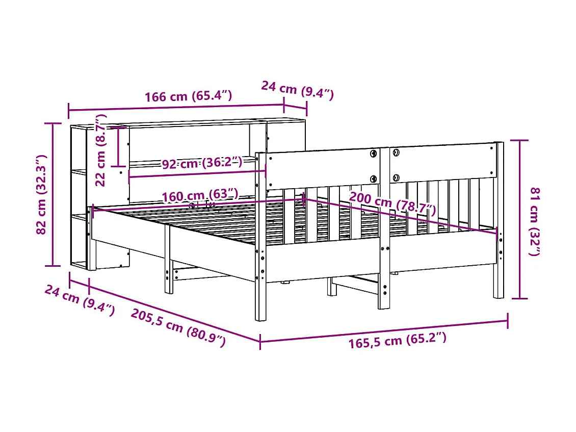 Lit bibliothèque sans matelas blanc 160x200 cm bois pin massif