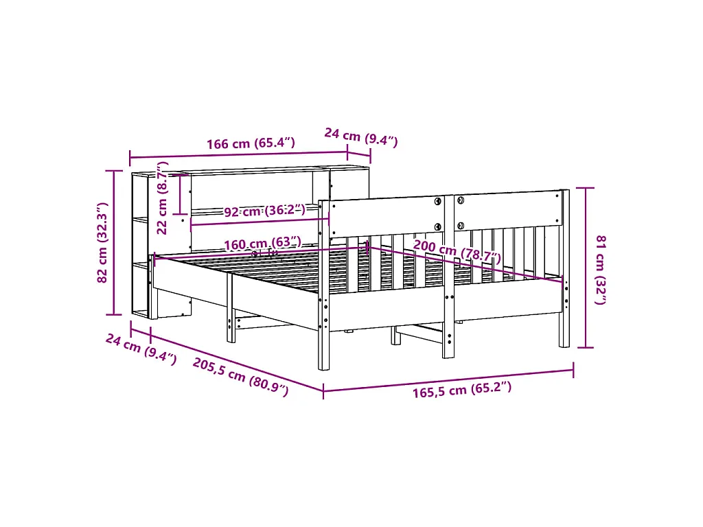 Lit bibliothèque sans matelas blanc 160x200 cm bois pin massif