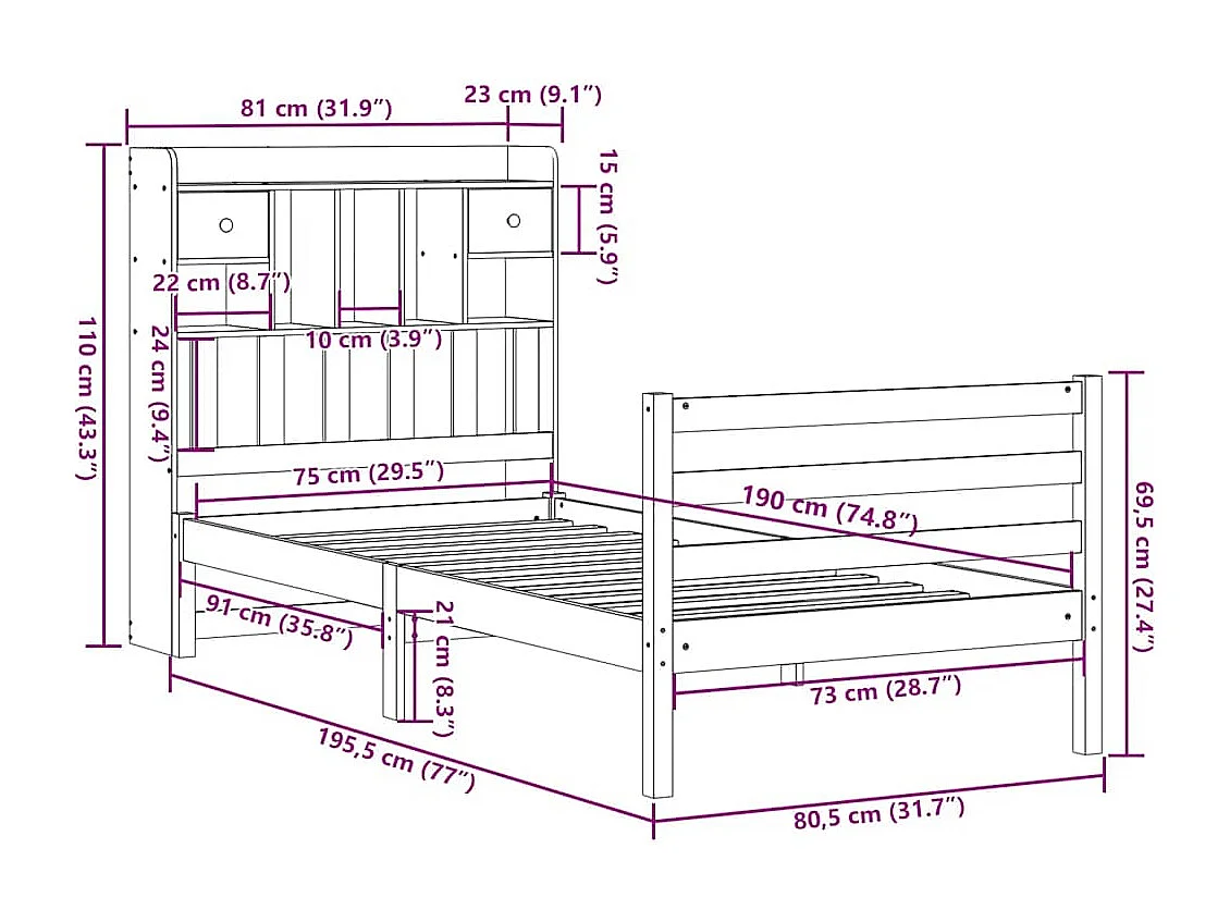 Lit bibliothèque sans matelas 75x190 cm bois de pin massif