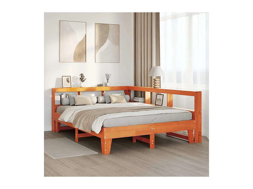 Bed met boekenkast zonder matras grenenhout wasbruin 150x200 cm