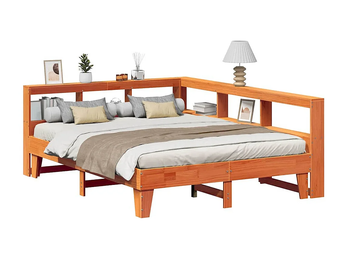 Bed met boekenkast zonder matras grenenhout wasbruin 150x200 cm