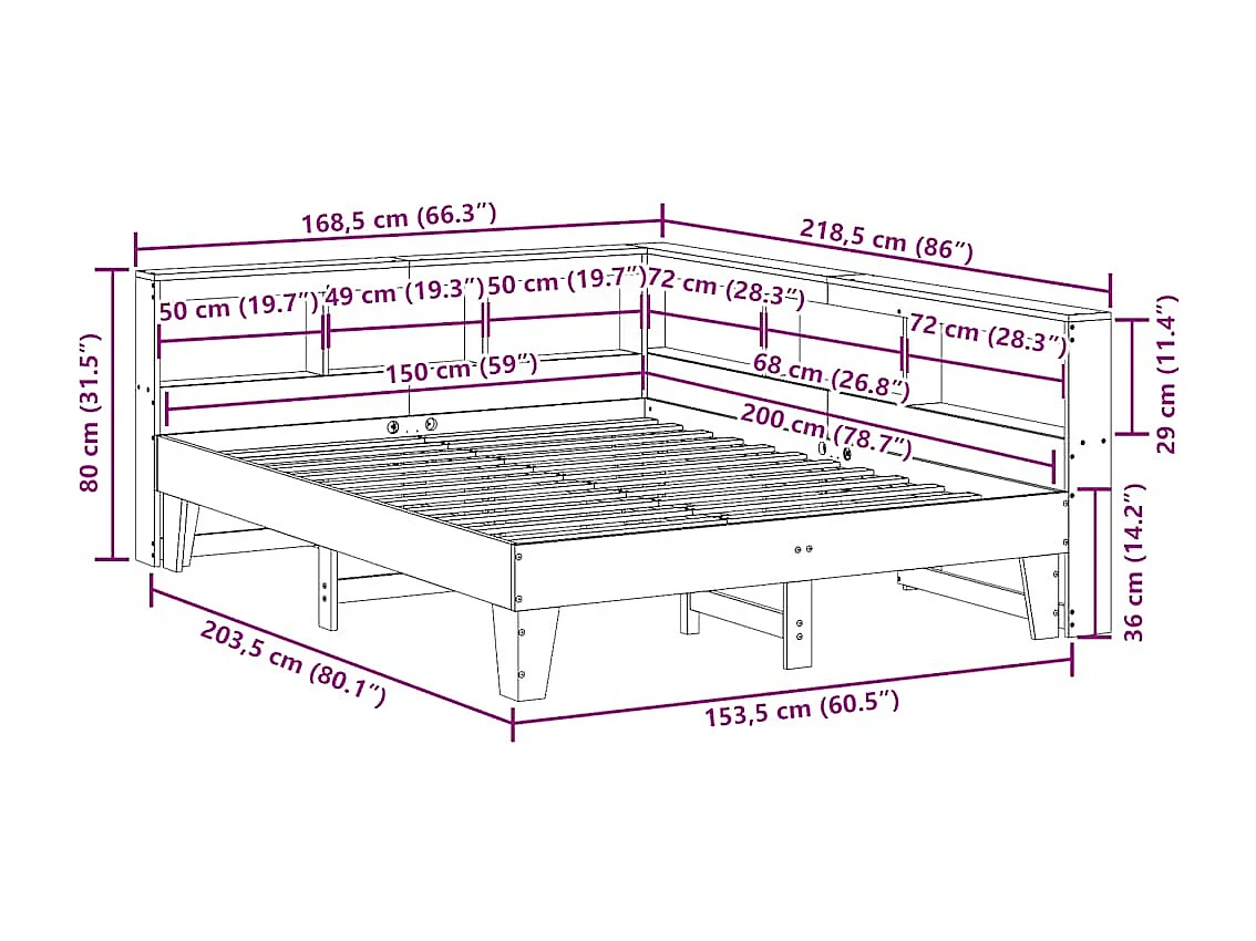 Bed met boekenkast zonder matras grenenhout wasbruin 150x200 cm