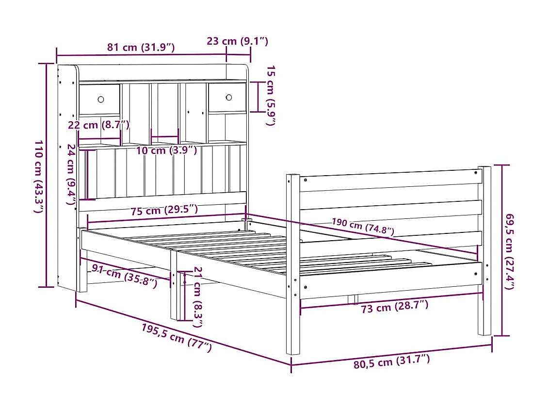Massivholzbett mit Regal ohne Matratze Wachsbraun 75x190 cm