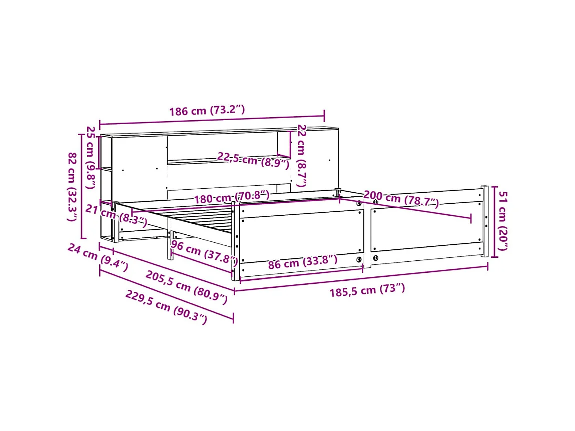 Giroletto con Libreria senza Materasso 180x200 cm in Legno Pino