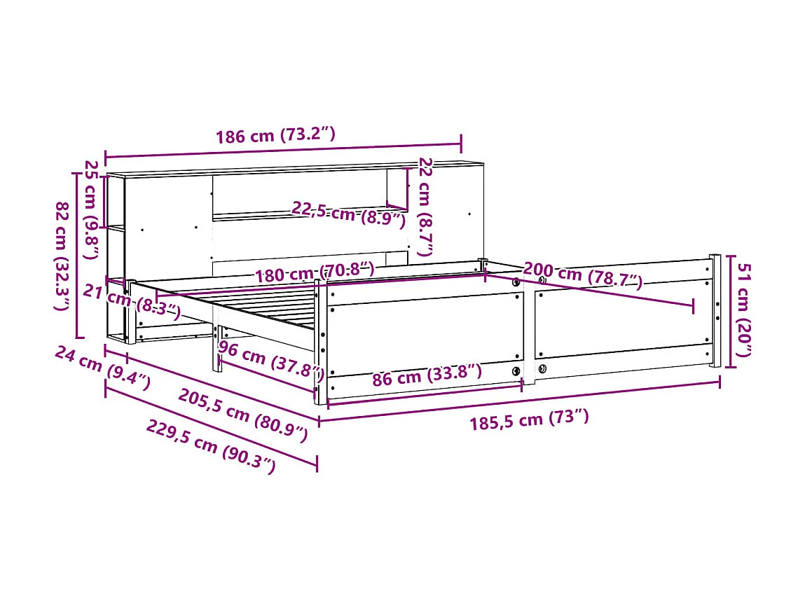 Giroletto con Libreria senza Materasso 180x200 cm in Legno Pino