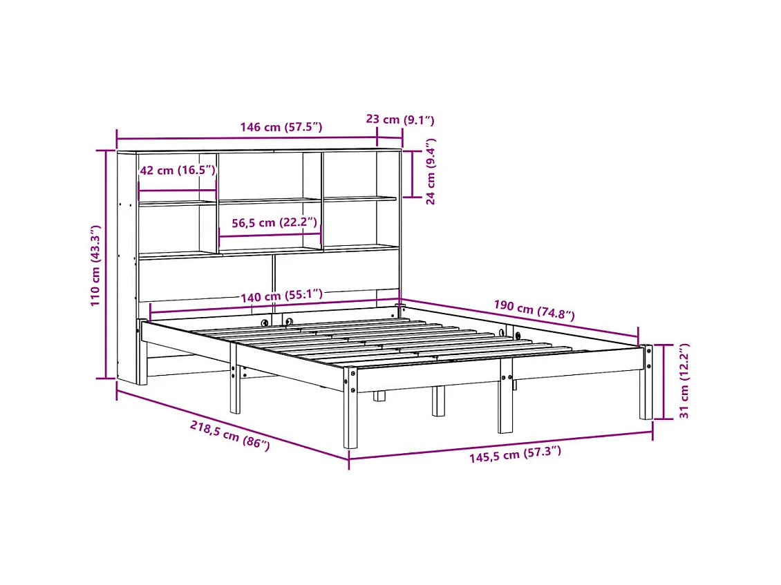 Lit bibliothèque sans matelas blanc 140x190 cm bois pin massif