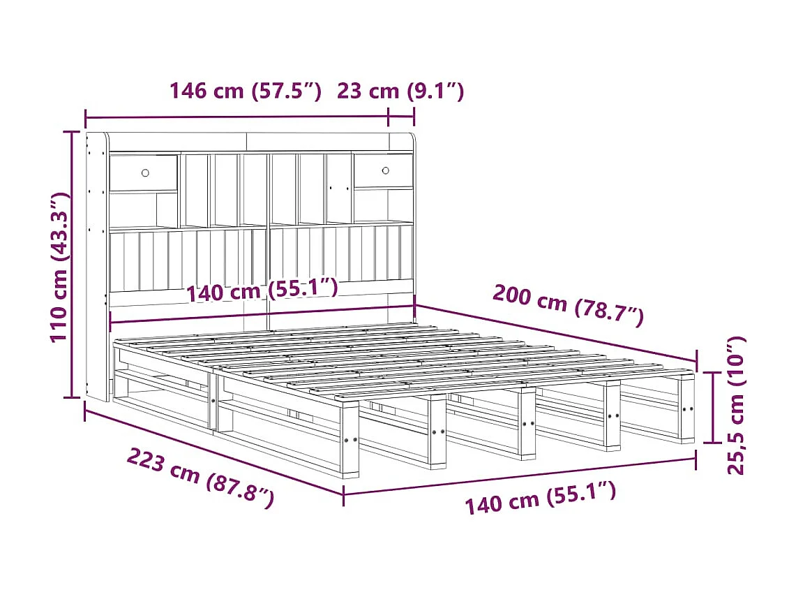Bed met boekenkast zonder matras massief grenenhout 140x200 cm