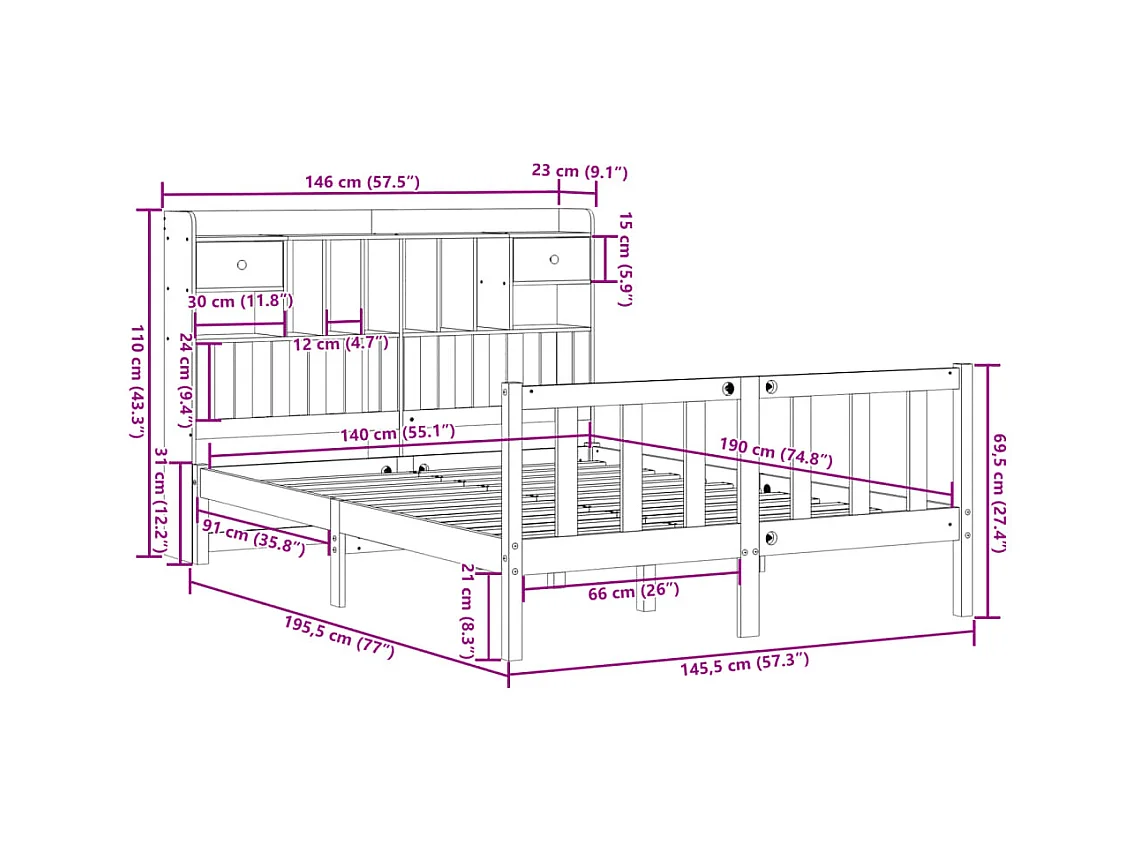 Lit bibliothèque sans matelas 140x190 cm bois de pin massif