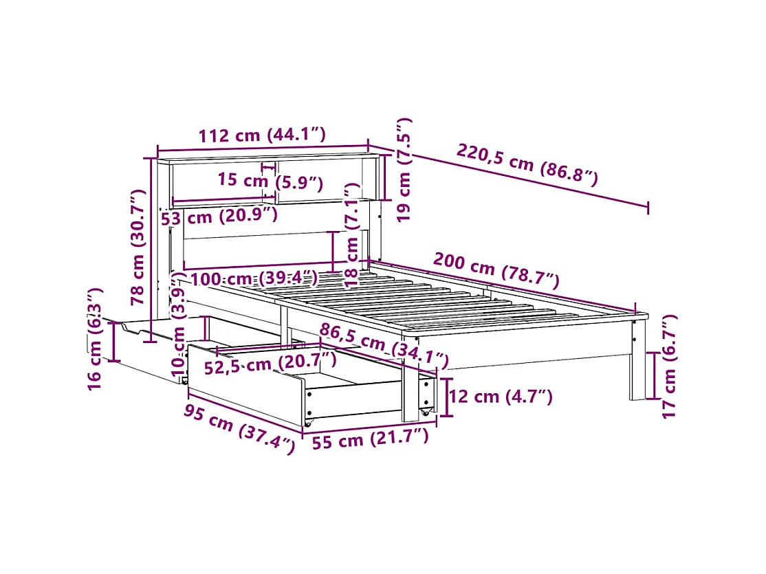 Massivholzbett mit Regal ohne Matratze Weiß 100x200 cm Kiefer