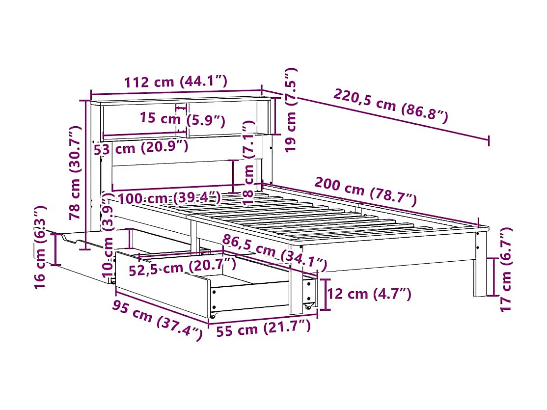 Lit bibliothèque sans matelas blanc 100x200 cm bois pin massif