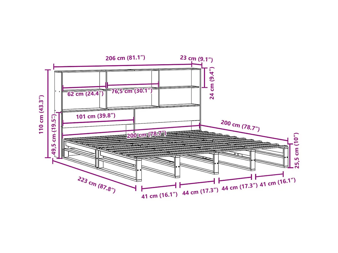 Lit bibliothèque sans matelas blanc 200x200 cm bois massif