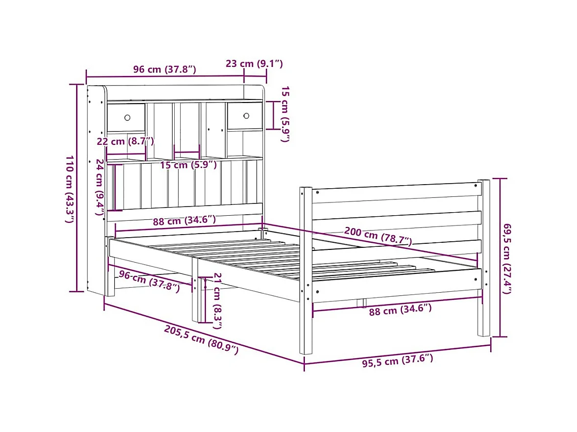 Lit bibliothèque sans matelas 90x200 cm bois de pin massif