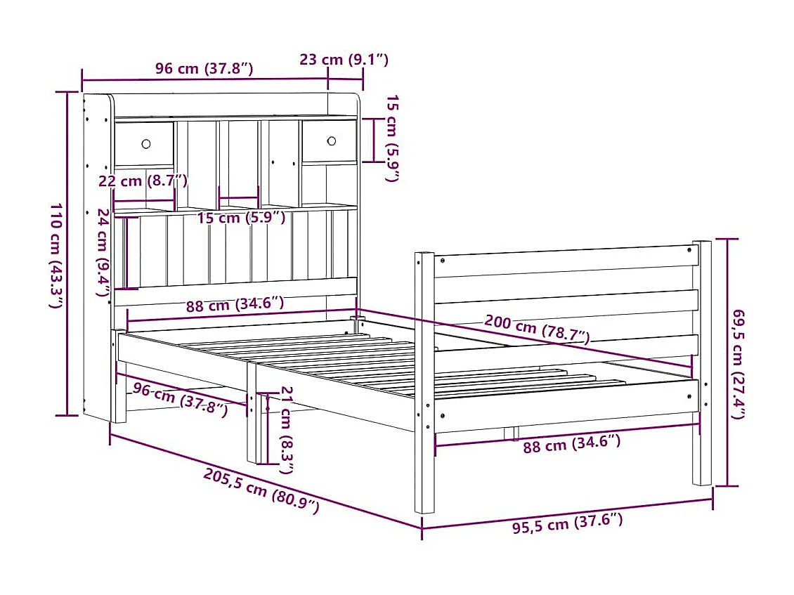 Lit bibliothèque sans matelas 90x200 cm bois de pin massif