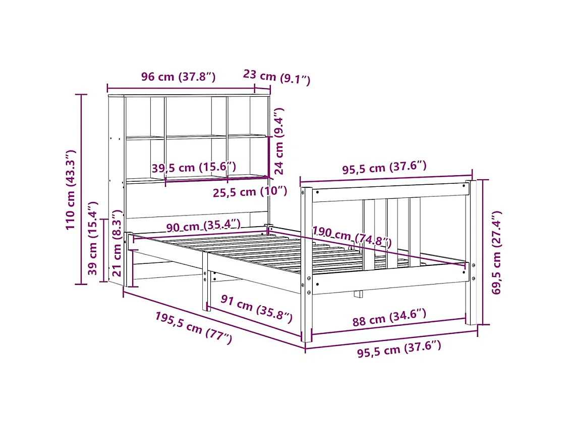 Lit bibliothèque sans matelas 90x190 cm bois de pin massif